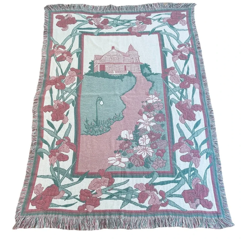Cotton tapestry throw blanket Victorian house and garden scene 62